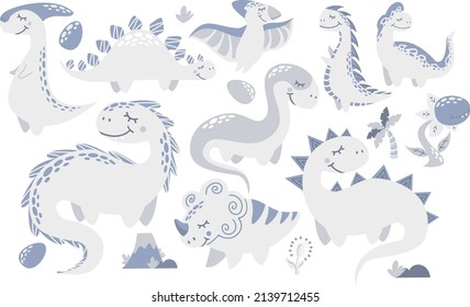 Vector set of different dinosaurs. Cute childish illustration. Collection of monsters. Prints for baby clothes
