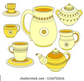 Vector set of different dishes .Tea set, coffee set, crockery for tea and coffee. Collection of pottery.  Kettle, pitcher, saucer, mugs . 