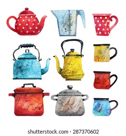 Vector set of different dishes in watercolor style. Teapots, cups, Tea kettles in different colors. Watercolor painting.
