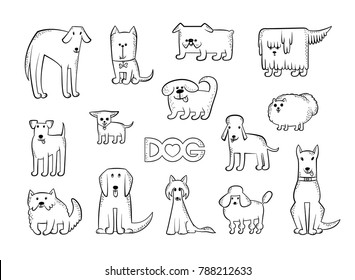 Vector set of different dog breeds. Funny caricature animals characters. Contour isolated black and white sketch illustration. The inscription and heart.