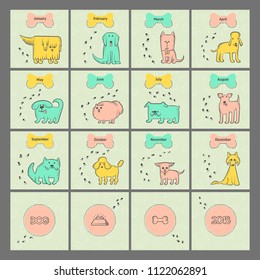 Vector set different dogs breeds. Design calendar for year of cartoon pets and seamless pattern with bones. Funny caricature animals characters. Contour sketch illustration.