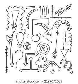 Vector set of different doodle arrows. Hand drawn elements isolated on white background.