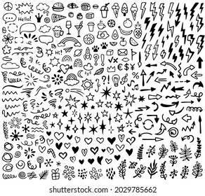 Vector set of different doodles, bubbles, food, hearts, stars, arrows, lightnings, branches, signs and symbols. Hand drawn elements, isolated on white background.