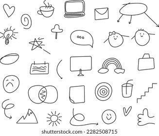 Vector set of different doodles. Hand drawn elements isolated on white background.Abstract arrows, ribbons and other elements in hand drawn style for concept design. Doodle illustration. 