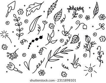Vector set of different doodles. Hand drawn elements for concept designs. Doodle illustration. Vector template for decoration. Doodle flowers, herbs, leaves, berries, garden elements