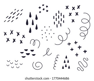 Vector set of different doodles. Doodles on a white background, stars, lines, swirls, shapes, crosses, drops, dashes