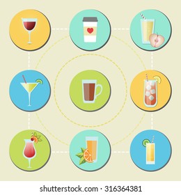 Vector set of different drinks icons. Vector drink icon collection. Vector 10 eps file. Round icon set. Alcoholic cocktails and soft beverages