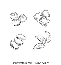 Vector set of different dumplings, outline drawings, black line illustration isolated on white background.