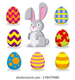 Vector Set Of Different Easter Eggs And A Easter Rabbit