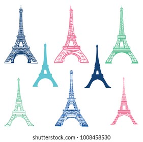 Vector set of different Eiffel Tower landmarks icons of Paris, France with Silhouettes. Landmark and structure infographic elemements.