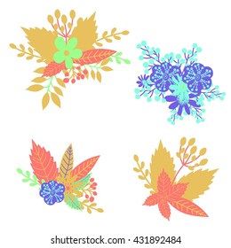 Vector set with different elements of cute bright flowers