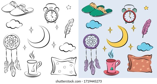 Vector set of different elements of sleep Alarm clock, month, pillow, etc. Colorful and black / white isolated illustration.
