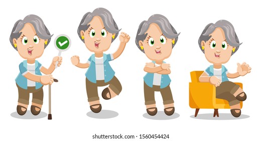 Vector set with different emotions and gestures of silver haired aged woman. Elderly lady keeping permissive sign, jumping for joy, sitting in armchair and waving hand, standing with arms crossed.