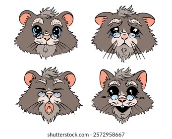 Vector set of different emotions for hamster. Cute gray and white hamster face calm, smiling, sad, yawning. 