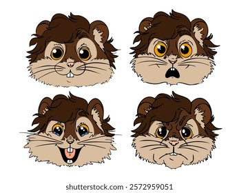 Vector set of different emotions for hamster. Cute brown and beige hamster face calm, smiling, surprised, angry. 