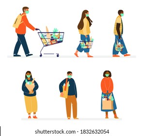 Vector Set Of Different Ethnicity People In Protective Masks Grocery Shopping. New Normal Concept. Ecofriendly Shopping Using String Bags, Shoppers. Flat Illustration. Isolated On White.