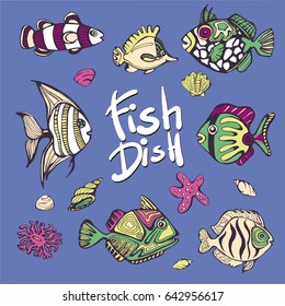 Vector set of different exotic cute fishes. Hand drawn.Set of vector coral reef fish. Cartoon decorative fish illustration