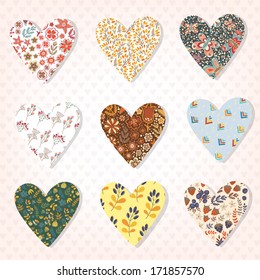 Vector set of different fabric hearts. 