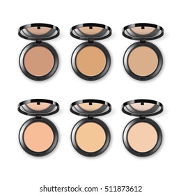 Vector Set of Different Face Cosmetic Makeup Powder in Black Round Plastic Case with Mirror Top View Isolated on White Background