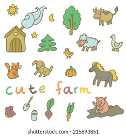 Vector set of different farm elements: house, trees, vegetables, shovel, bucket, boots and domestic animals: sheep, cow, pig, horse, cat, dog, chicken, goose. Funny hand drawing collection.