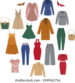  vector set of different women’s fashion clothes from sweaters, dresses, trousers, jackets ,coat ,pants, handbag.