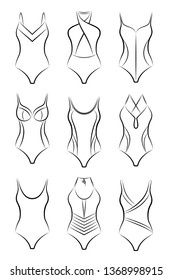 Vector set of different fashionable women’s swimsuits for summer vacation in black and white color, front view