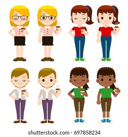 Vector set of different female characters, people, holding  coffee cup isolated on white background.