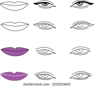 Vektorset: verschiedene weibliche Augen und Lippen. Einzeln auf weißen Elementen für Design-Karte, Illustrationen, Verpackung von Schönheitsprodukten.
