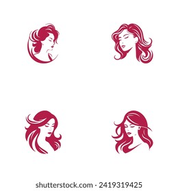 Vector set of different female icons in trendy flat style. pink colored girl heads and faces images collection on white background