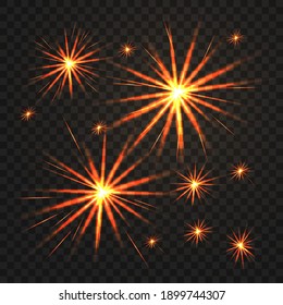 Vector set of different fireworks with shining sparks. Colorful pyrotechnics features elements. Realistic fiery fireworks on a transparent background. Fantastic luminous fire in the night sky.