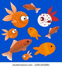 vector set of different fish on blue background. illustration of goldfish