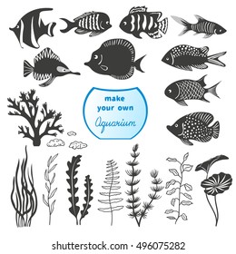 Vector set of different fishes and decorations for making your own aquarium. Tropical fish and seaweeds silhouettes isolated on white background.