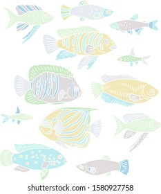 vector set with different fishes in pastel colors on a white background. cute minimalistic print for decoration of the sea menu, textiles, printed materials, packaging.