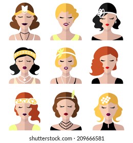 Vector set of different flapper girls icons in modern flat style