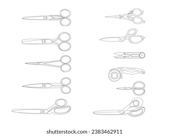 Vector set of different flat black scissors isolated on the white background