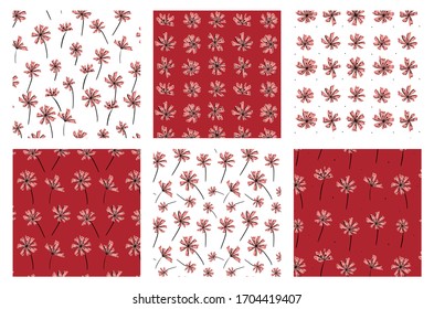 Vector set of different floral patterns on white and red background. File includes swatches of the patterns that you can scale and rotate as you want. Perfect template.