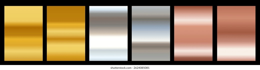 Vector set of different foil metallic gradation texture in frame. 3d realistic style design of yellow gold, silver and bronze color shiny metal gradient. Golden and chrome metal effect background
