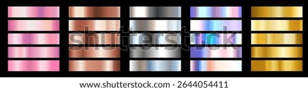 Vector set of different foil metallic gradient. 3d realistic style design of rose gold, silver, holographic, yellow gold and bronze color shiny gradation texture. Metal effect background in frame