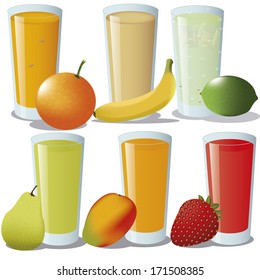 Vector Set Of Different Fruit Juices With Fruits Isolated