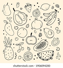 Conjunto vectorial de diferentes frutas y bayas en forma de doodle. Ilustración simple del doodle vectorial. Frutas aisladas en segundo plano.