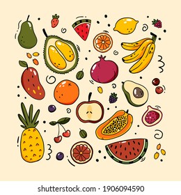 Vector set of different fruits and berries in doodle style. Simple vector doodle illustration. Fruits isolated on background.