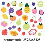 Vector set of different fruits. Collection of vector illustrations. Simple, flat design. For patterns and backgrounds. Perfect for poster, cover, banner.