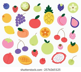 Vector set of different fruits. Collection of vector illustrations. Simple, flat design. For patterns and backgrounds. Perfect for poster, cover, banner.