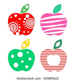 Vector set of different fruits illustrations. Decorative ornamental colorful apples isolated on the white background. Series of Fruits Illustrations.