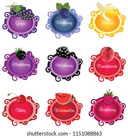 vector set of different fruits and vegetables 
on colorful labels useful for food packaging designs
