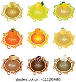 vector set of different fruits and vegetables on colourful labels useful for food packaging designs
