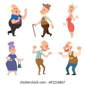 Vector set of different funny old men and old women in various clothes with different actions and emotions on a white background. Retired, elderly. Vector illustration.