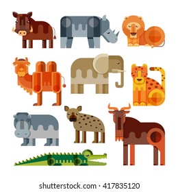 Vector set of different geometric flat african animals isolated. Lion, cheetah, hyena, warthog, elephant, camel, crocodile, hippo, rhino, wildebeest. Animals to infographic design.