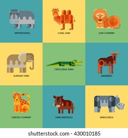 Vector set of different geometric flat african animals icons. Lion, cheetah, hyena, warthog, elephant, camel, crocodile, hippo, rhino, wildebeest. Animals to infographic design.