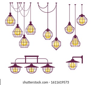 Vector set of different geometric loft lamps and iron lampshade. Industrial style. Set of vintage chandelier and pendant lamps. Hanging lamps with Edison bulbs. 